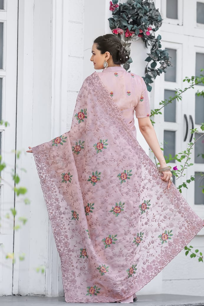 Pure Zari Chiffon Saree with Cross-Stitch Floral Embroidery and Matching Buttis Blouse