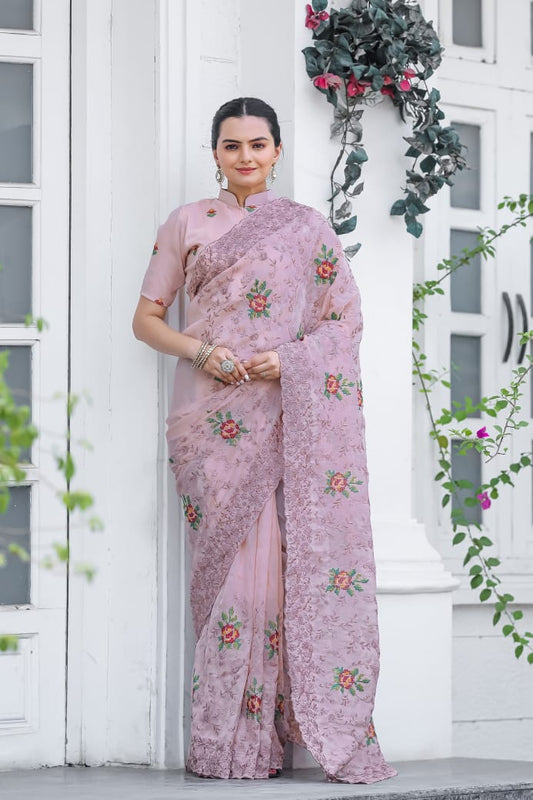 Pure Zari Chiffon Saree with Cross-Stitch Floral Embroidery and Matching Buttis Blouse