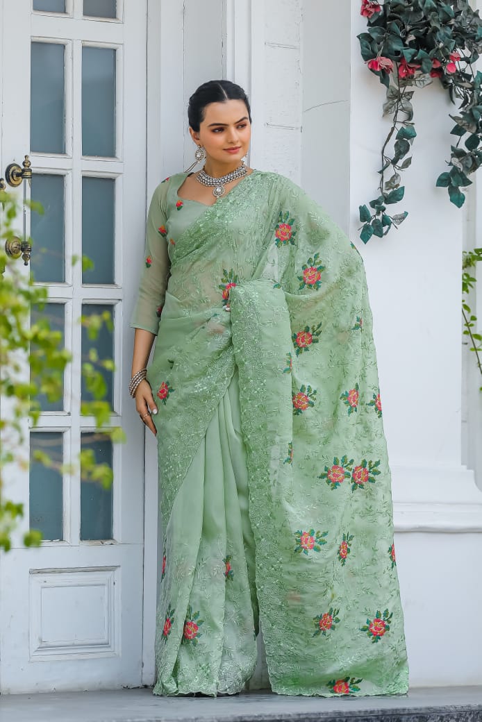 Pure Zari Chiffon Saree with Cross-Stitch Floral Embroidery and Matching Buttis Blouse