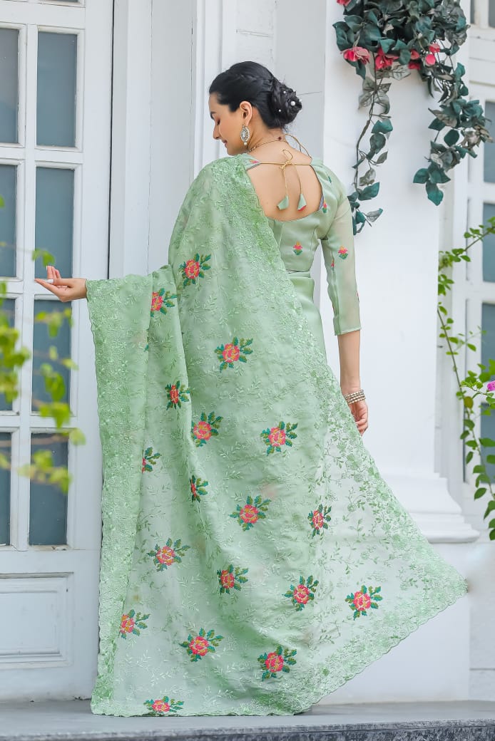 Pure Zari Chiffon Saree with Cross-Stitch Floral Embroidery and Matching Buttis Blouse