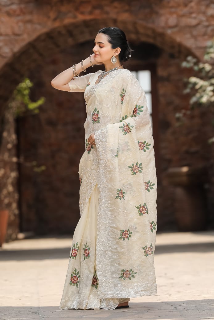 Pure Zari Chiffon Saree with Cross-Stitch Floral Embroidery and Matching Buttis Blouse