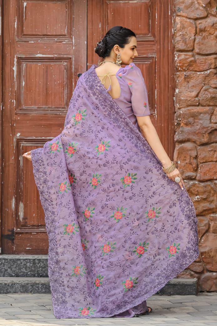 Pure Zari Chiffon Saree with Cross-Stitch Floral Embroidery and Matching Buttis Blouse