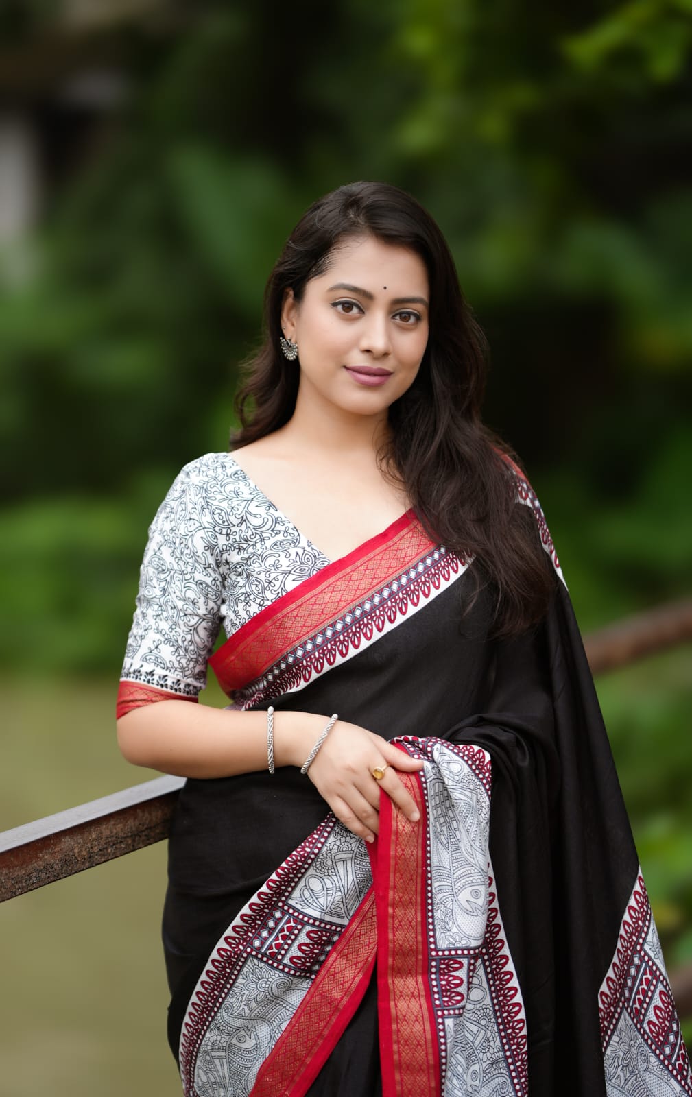 Special Edition Black Ak-Marina Cotton Saree with Madubani Prints and Matching Blouse