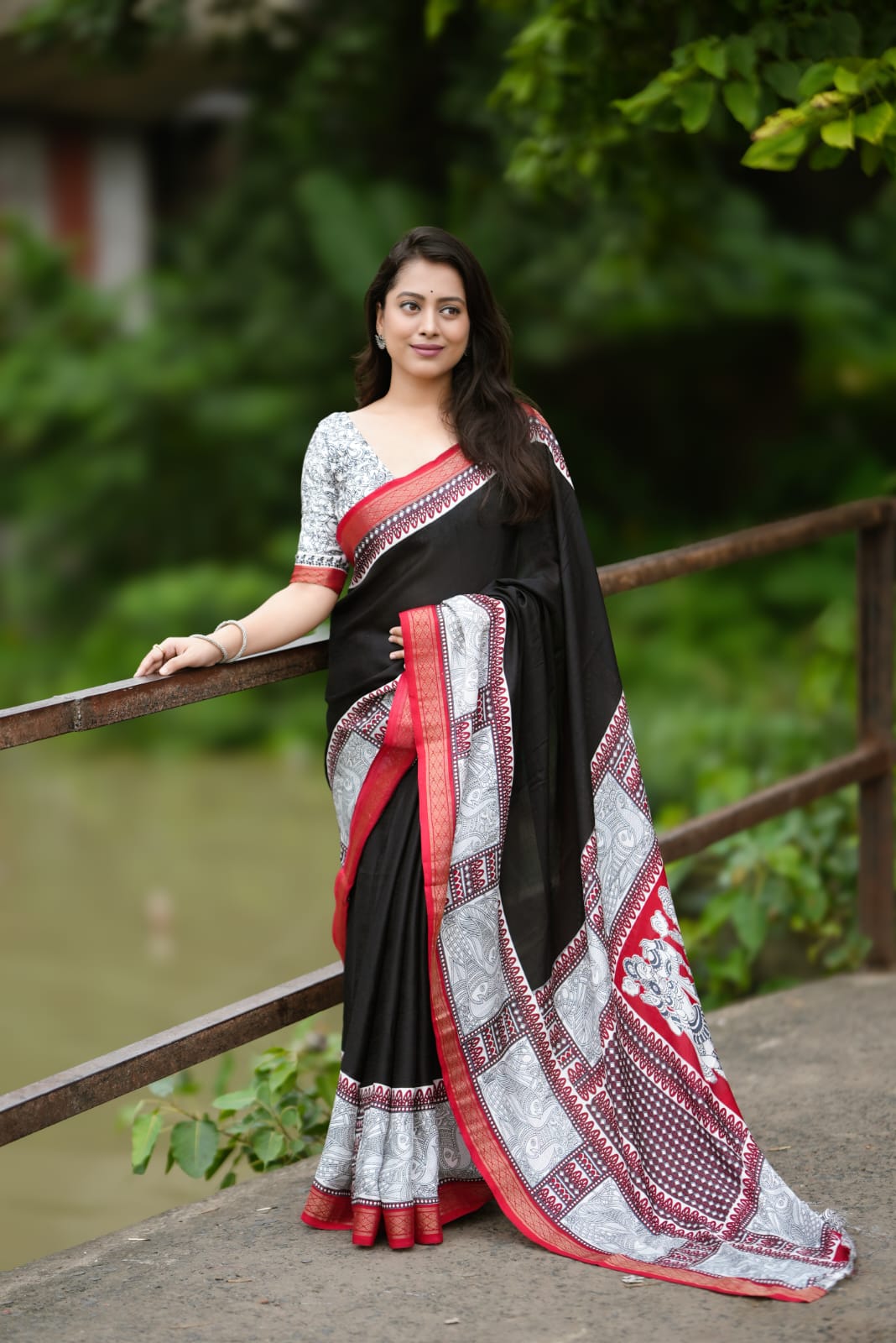 Special Edition Black Ak-Marina Cotton Saree with Madubani Prints and Matching Blouse