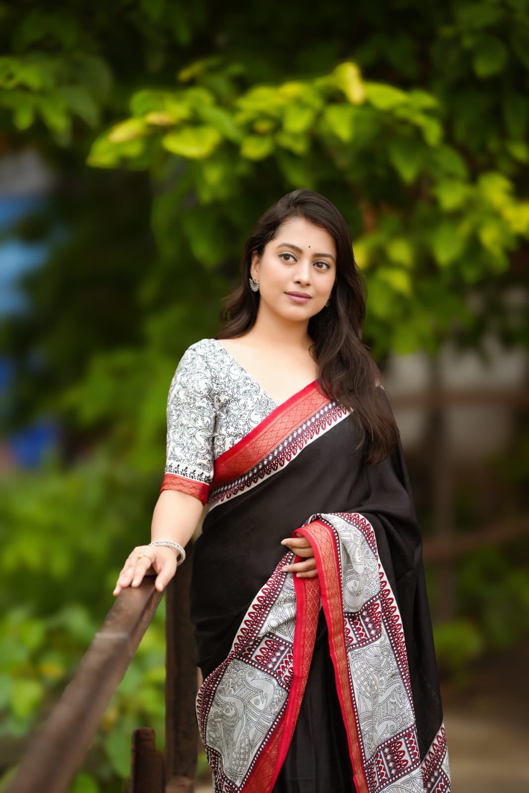 Special Edition Black Ak-Marina Cotton Saree with Madubani Prints and Matching Blouse