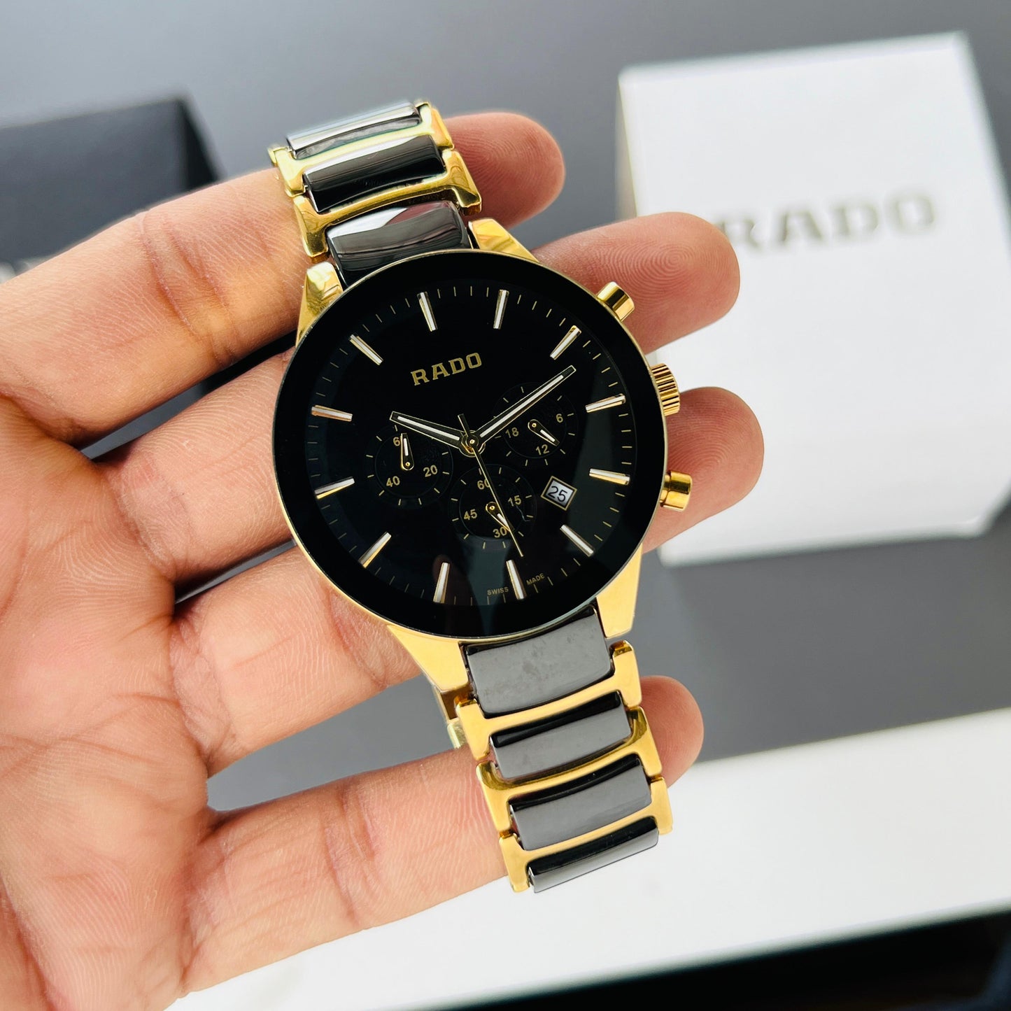 Rado Centrix Chronograph - 42mm Black Ceramic & Gold Watch with Quartz Movement