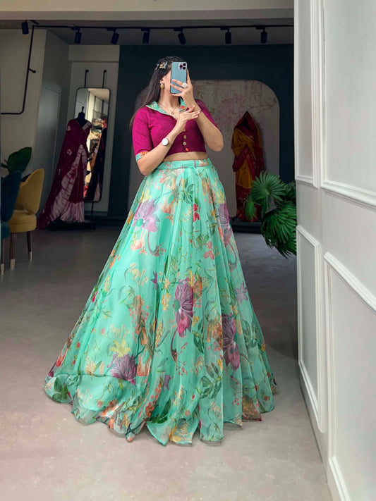 Elegant Floral Print Organza Lehenga Set with Adjustable Blouse – 9 Meter Flair, Micro Cotton Inner