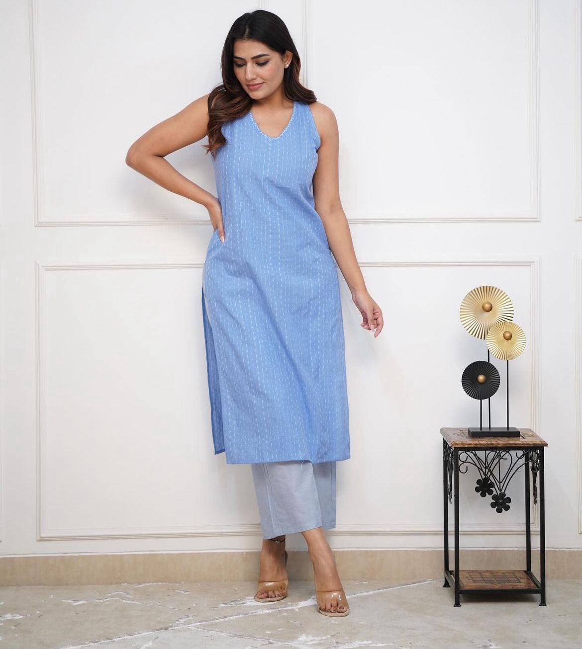 Pure Soft Cotton Handloom Katha Work Kurti with Plazo - Summer Sleeveless Outfit