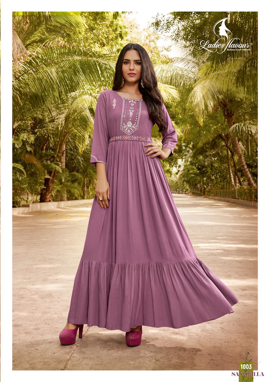 Ladies Flavour Sangrilla Catalog – Heavy Rayon Rinkle Dress with Embroidery & Hand Work