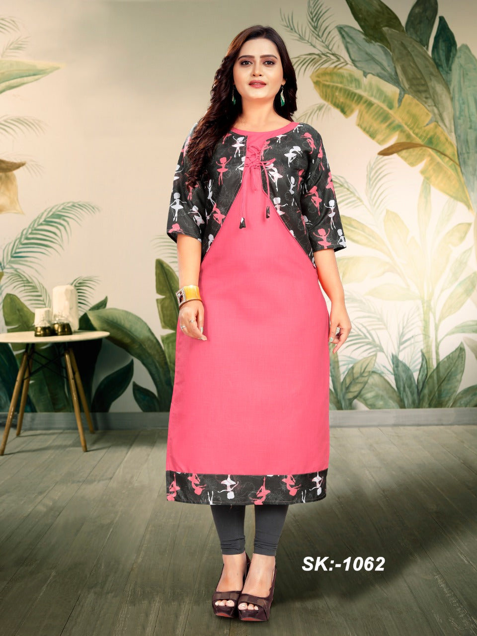 Stylish Attached Jacket Kurti in Ruby Cotton - Elegant Digital Print