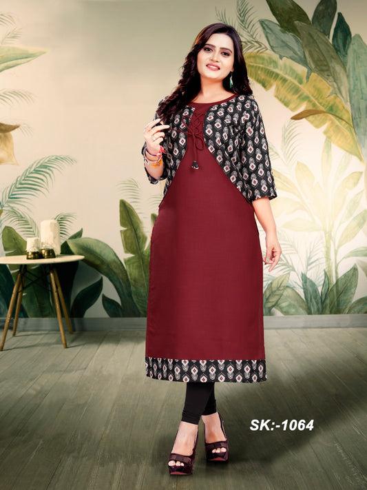 Stylish Attached Jacket Kurti in Ruby Cotton - Elegant Digital Print