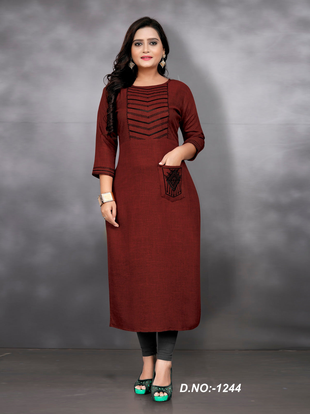 Plus Size Embroidery Kurti - Two Tone Slub Rayon