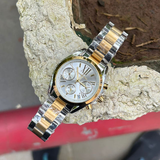 Elegant Two-Tone Chronograph Watch with White Dial and Gold Roman Numerals - Premium Quality