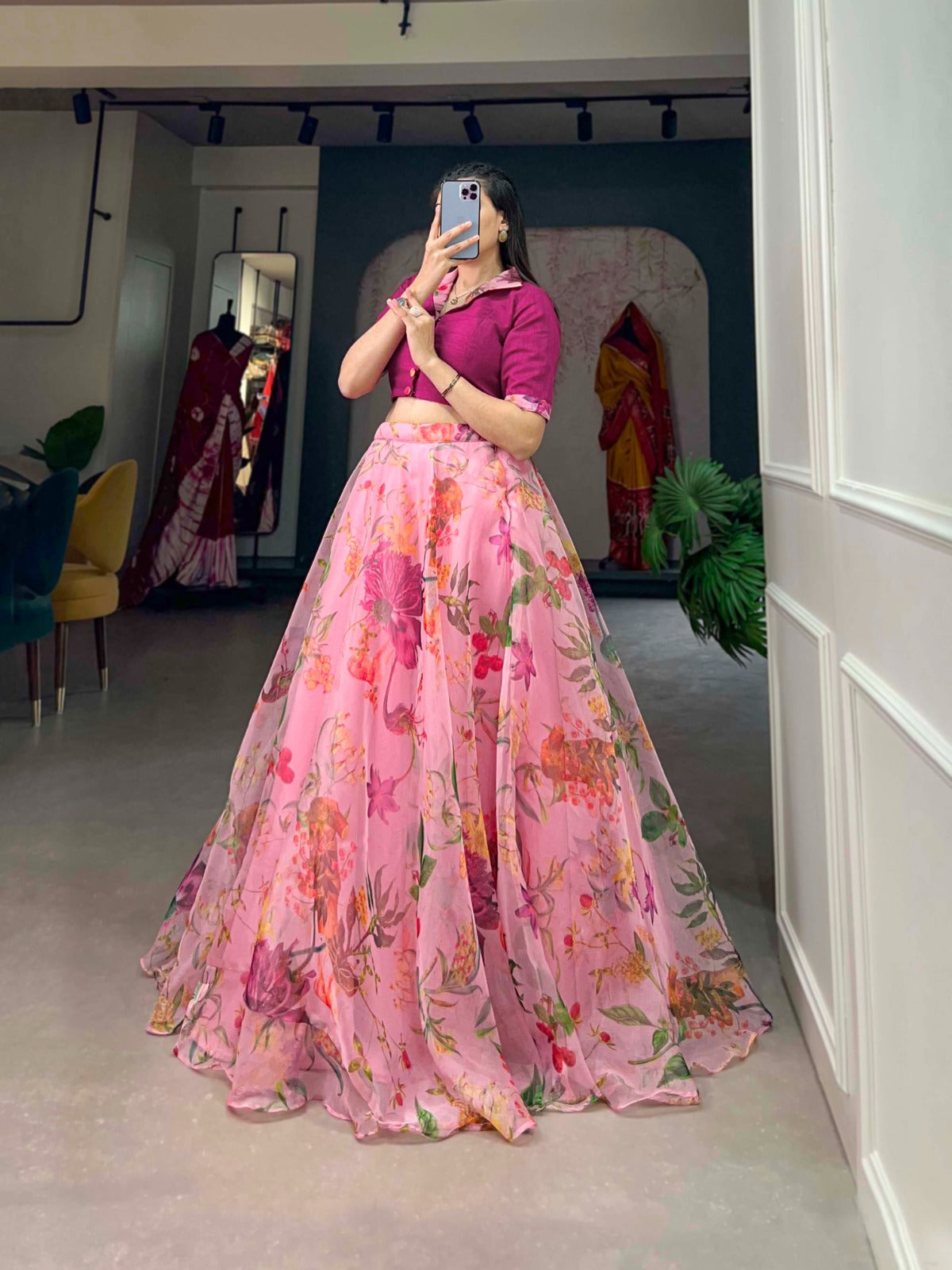 Elegant Floral Print Organza Lehenga Set with Adjustable Blouse – 9 Meter Flair, Micro Cotton Inner