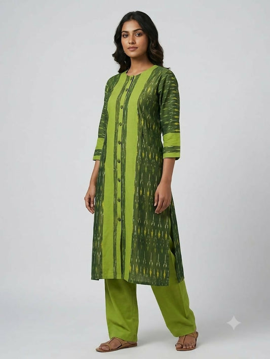 Pista Green Mercerized Cotton Ikkat Kurta