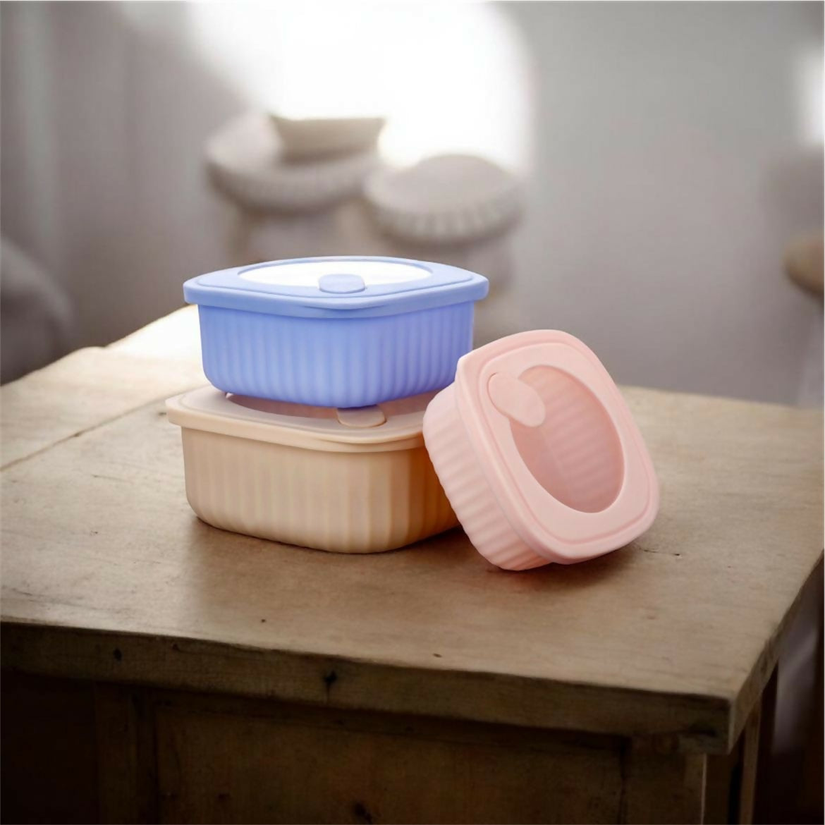 ESandook Plastic Storage Container Set of 3 with Lid Leak Proof Kitchen Food Storage Boxes for Snacks Fruits Dry Fruits Salad Pulses Spices Square Design