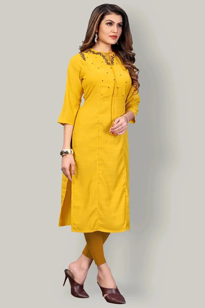 Yellow Art Silk Handwork Kurti | Elegant Silk Kurti with Handwork | Traditional and Stylish