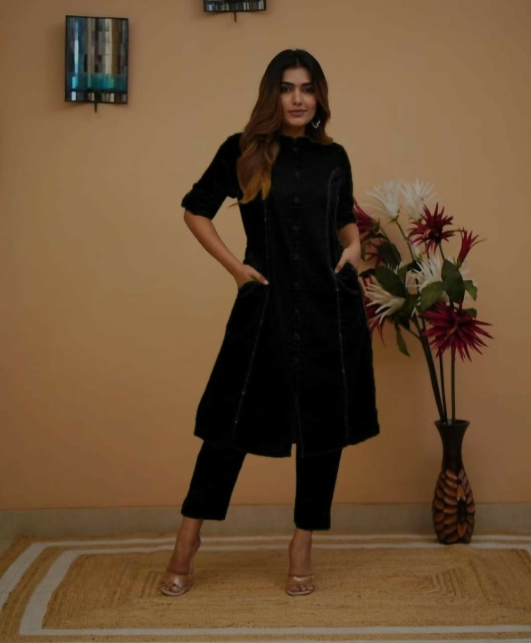 Elegant Black Button-Down Kurti Dress