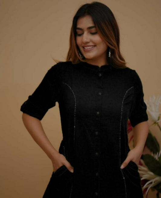 Elegant Black Button-Down Kurti Dress