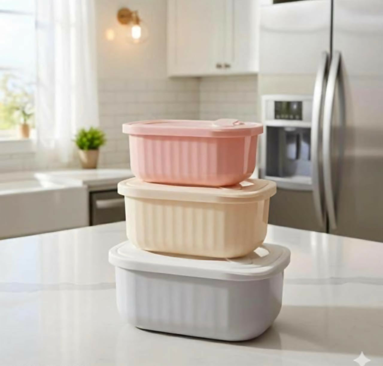 ESandook Plastic Storage Container Set of 3 with Lid Leak Proof Kitchen Food Storage Boxes for Snacks Fruits Dry Fruits Salad Pulses Spices Square Design
