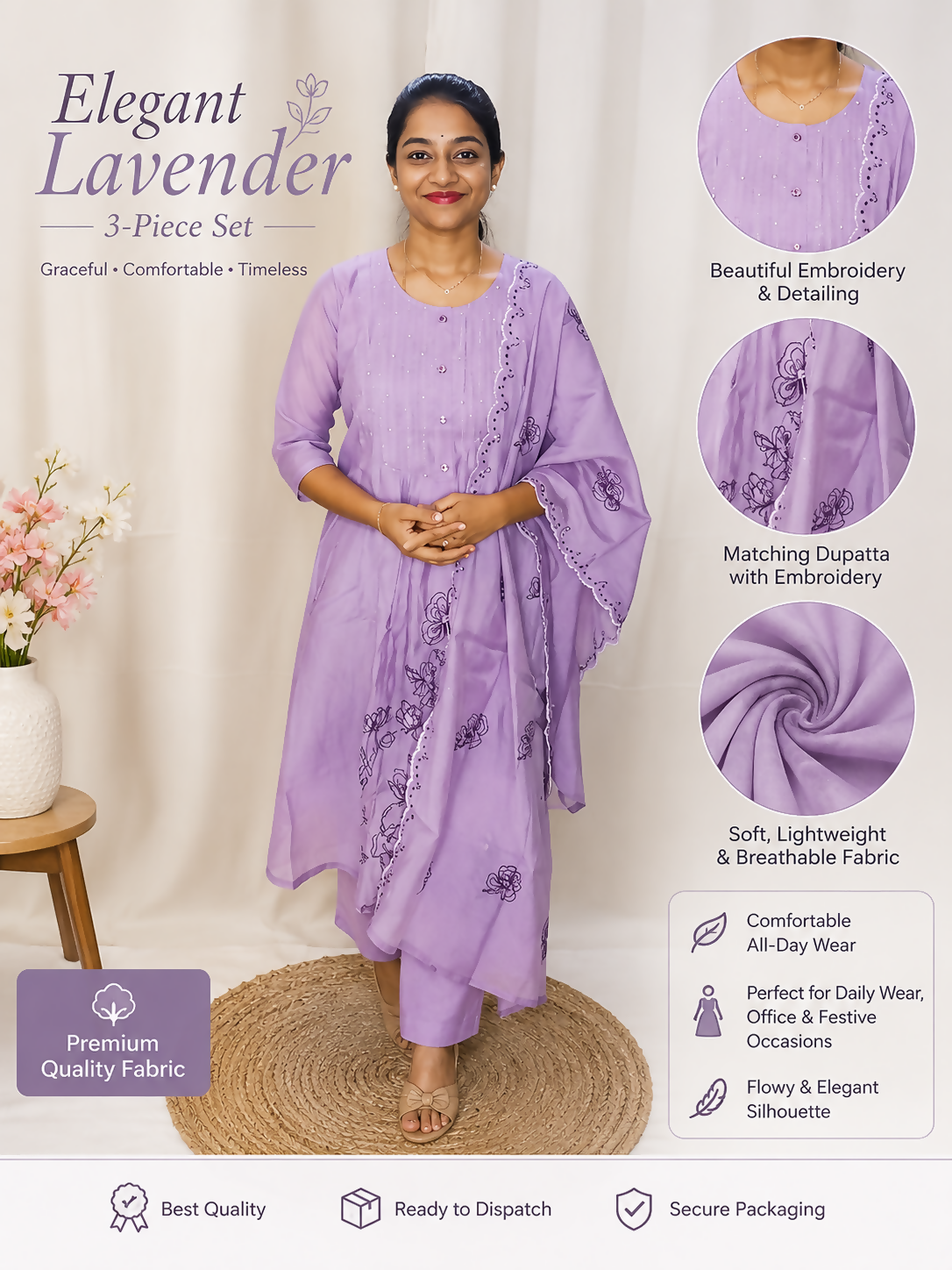 Mul Chanderi embroidery 3 piece set
